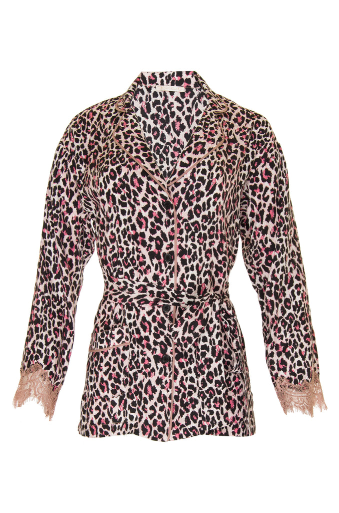 The Animal Print PJ Silk Shirt in pink leopard print with matching sash tied around the waist.