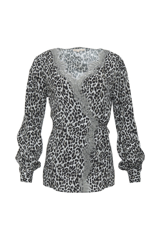 The Animal Print Wrap Top in grey leopard animal print.