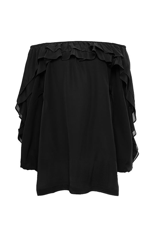 The Double Ruffle Silk Top in black.