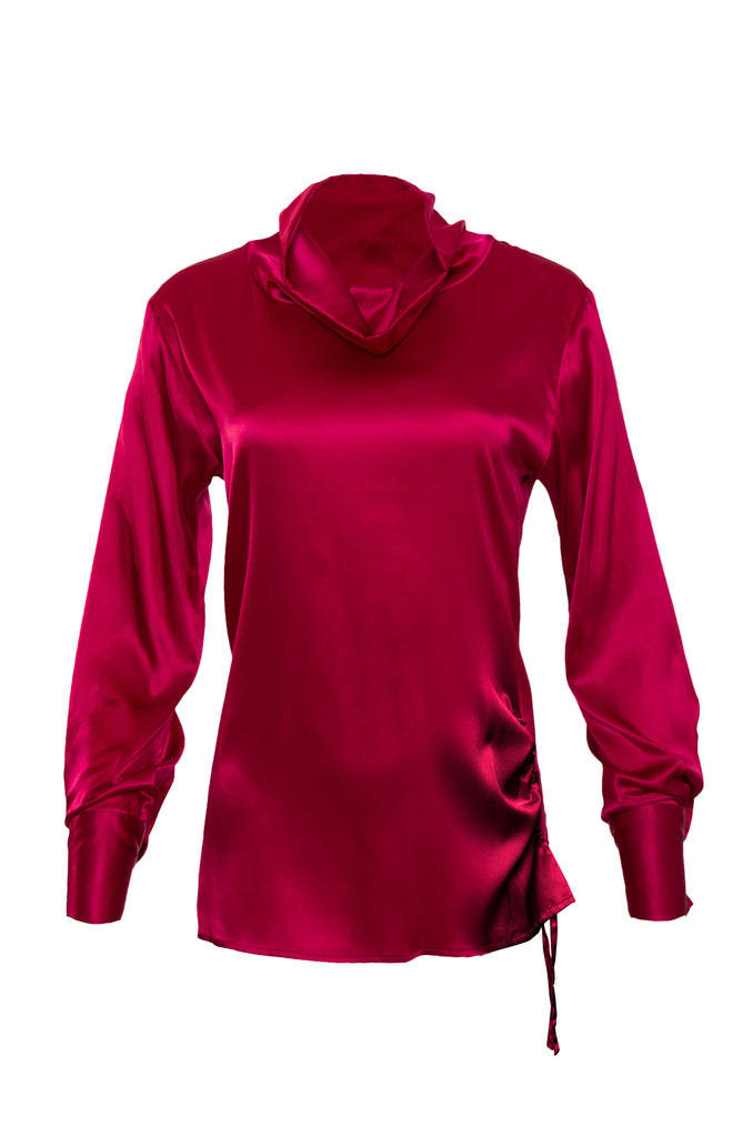 The Silk Cowl Neck Long Sleeve Top in fuchsia.