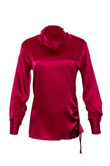 The Silk Cowl Neck Long Sleeve Top in fuchsia.