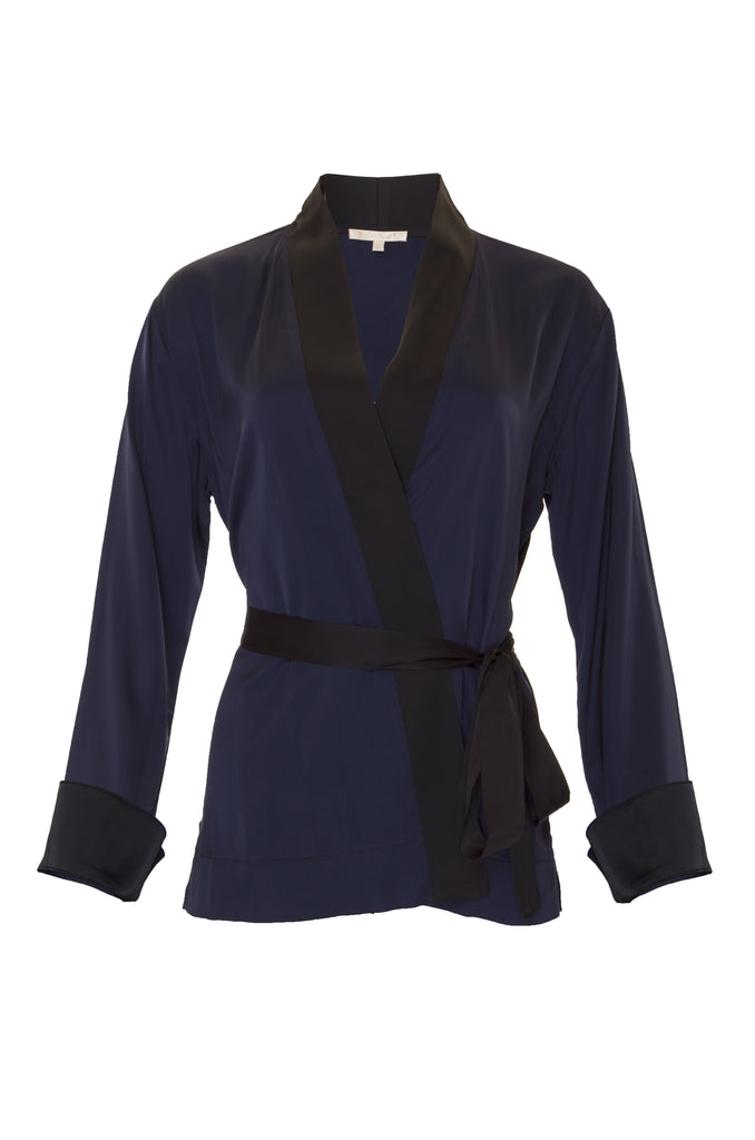 The Smock Wrap Shirt Kimono in navy.