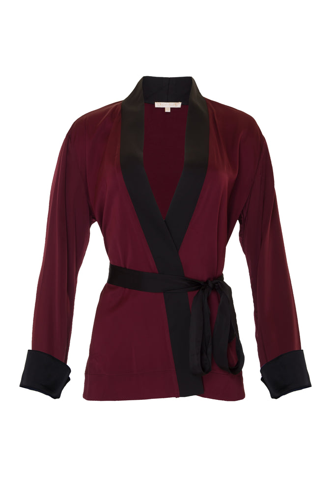 The Smock Wrap Shirt Kimono in burgundy.