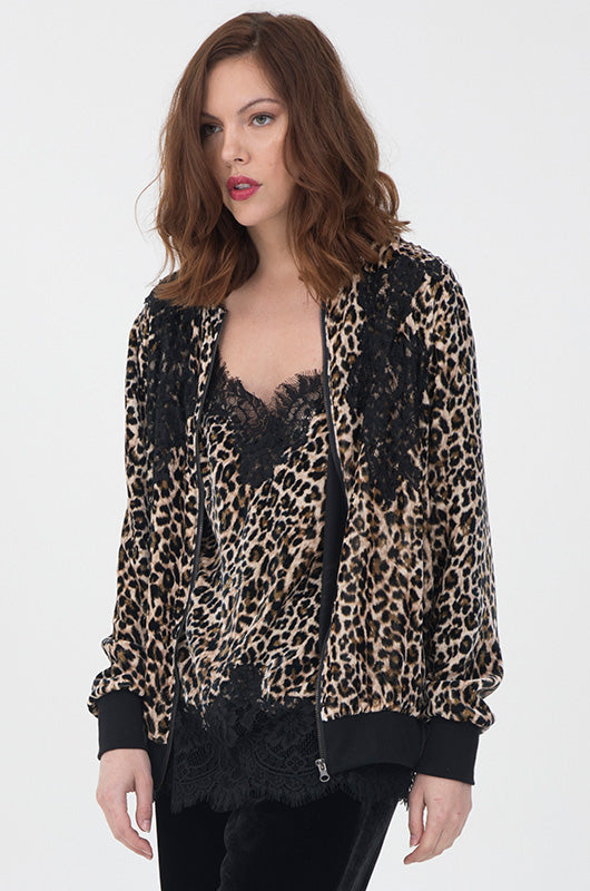 Model is wearing the Animal Print Velvet Ginger Bomber Jacket with the Animal Print Velvet Ginger Coco Cami and the Anastasia Lace Velvet Pants in black.