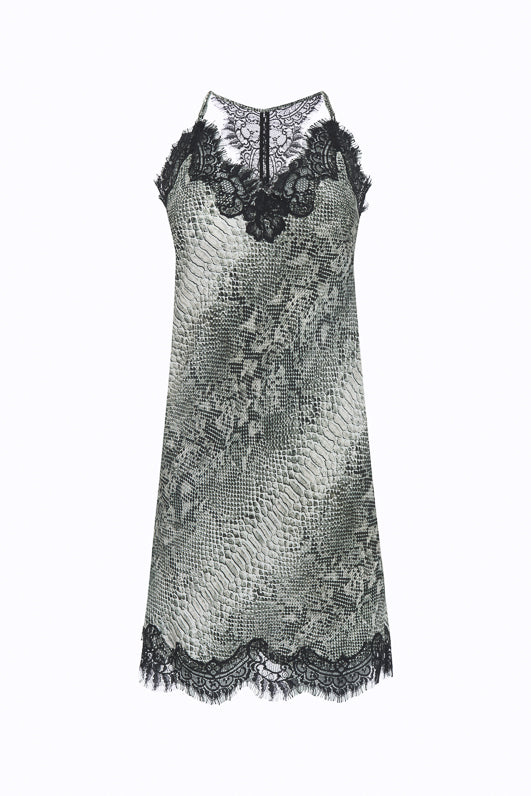 The Python Print Racerback Silk Dress in grey python.