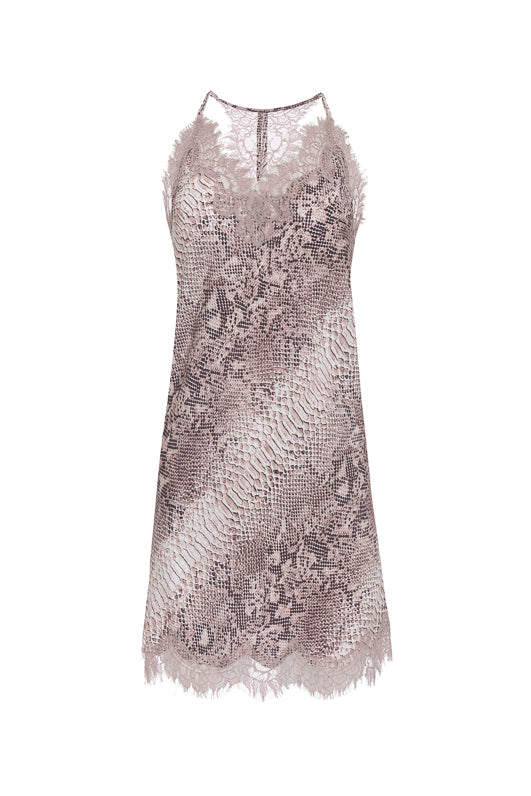 The Python Print Racerback Silk Dress in muted rose python.