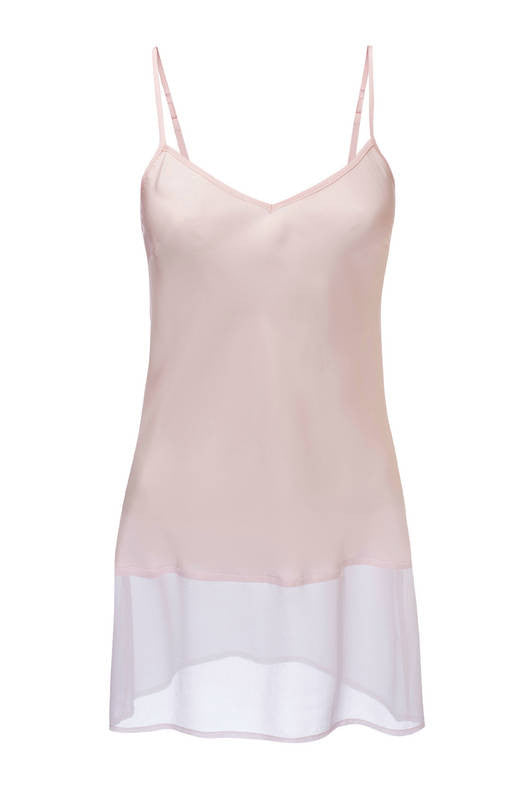 The Sheer Edge Silk Tunic in pale mauve; front view.