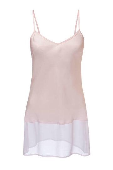 The Sheer Edge Silk Tunic in pale mauve; front view.