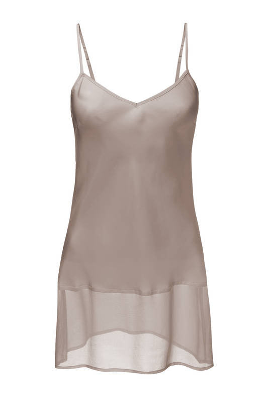 The Sheer Edge Silk Tunic in taupe.