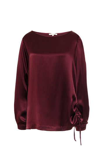 The Wide Sleeve Silk Top in burgundy.