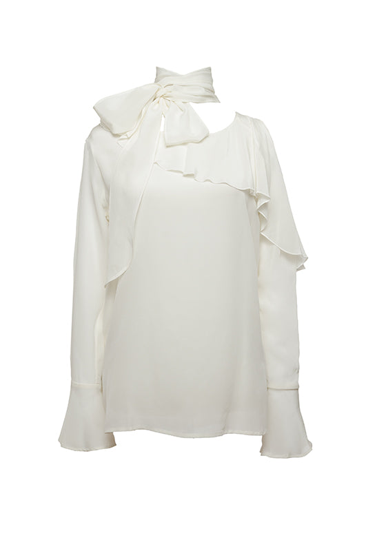 The Silk Ruffle Cold-Shoulder Top in egg white.