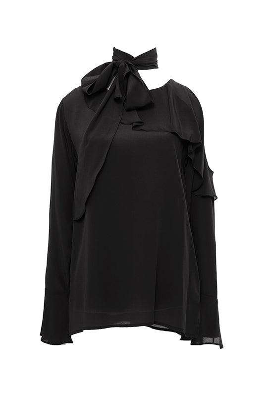 The Silk Ruffle Cold-Shoulder Top in black.