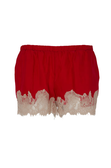 The Marilyn Lace Silk Shorts in red with sand shell lace.