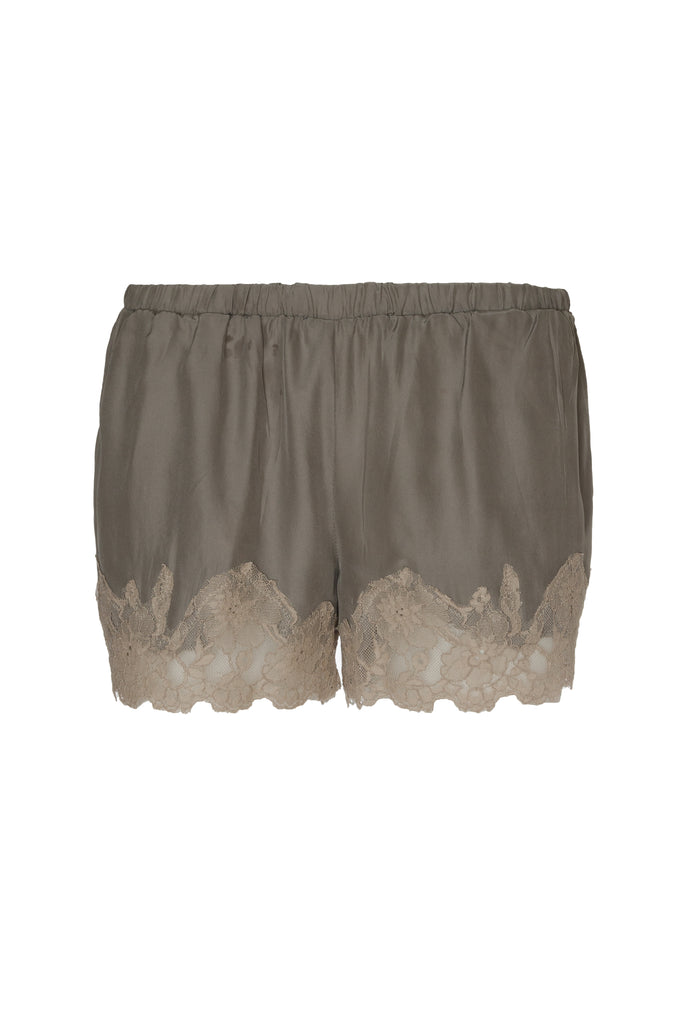 The Marilyn Lace Silk Shorts in steeple grey with birch lace.