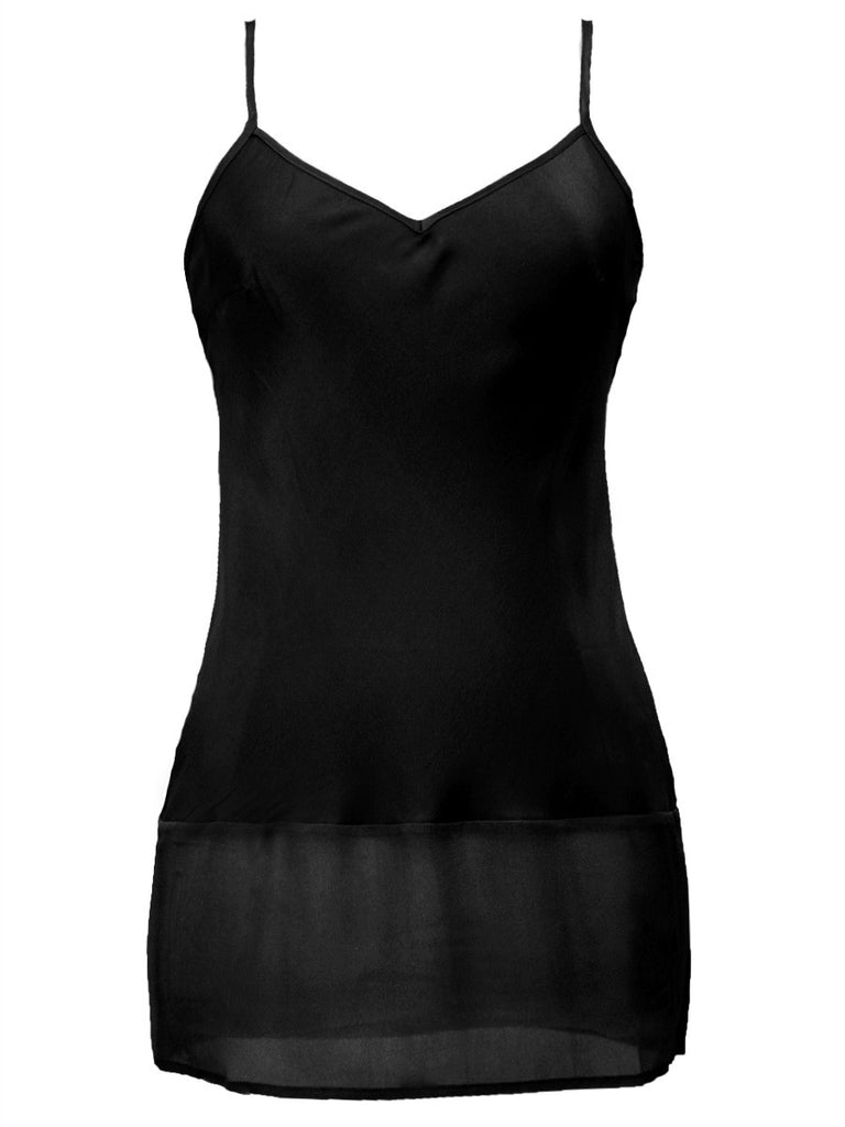 The Sheer Edge Silk Tunic in black.