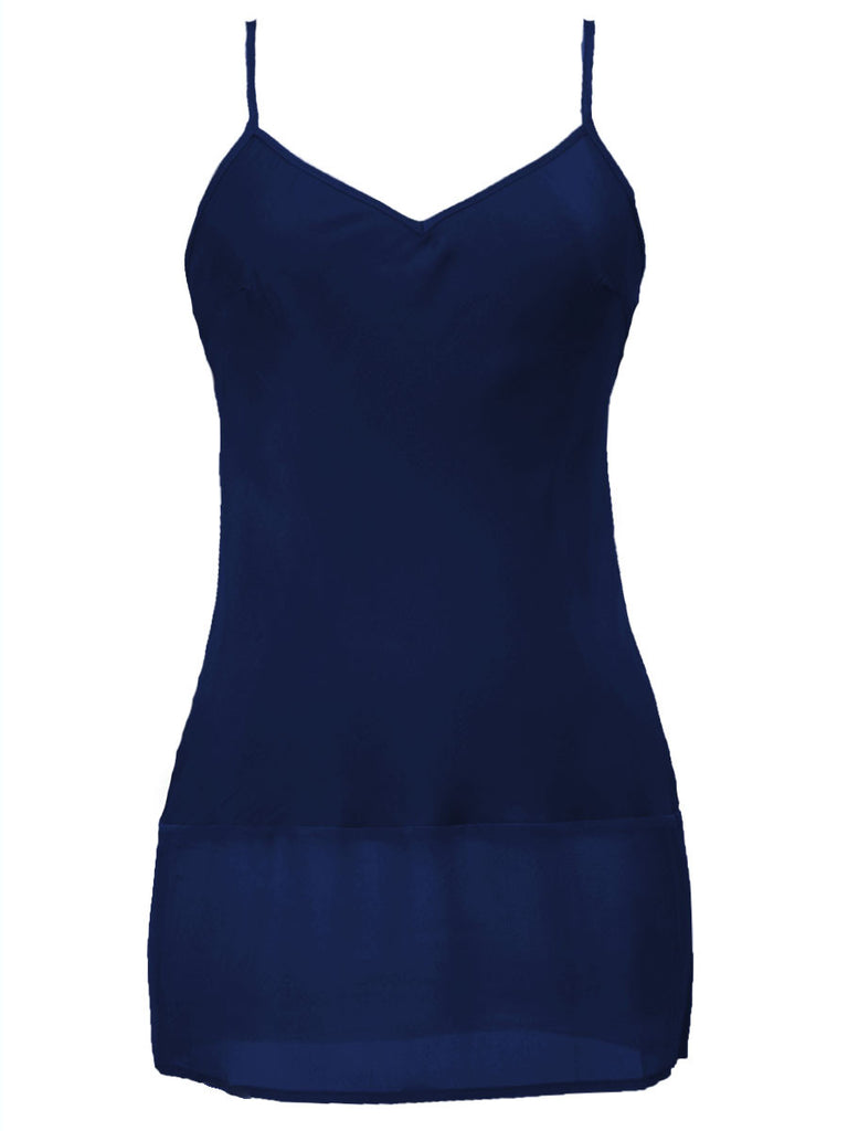 The Sheer Edge Silk Tunic in navy.