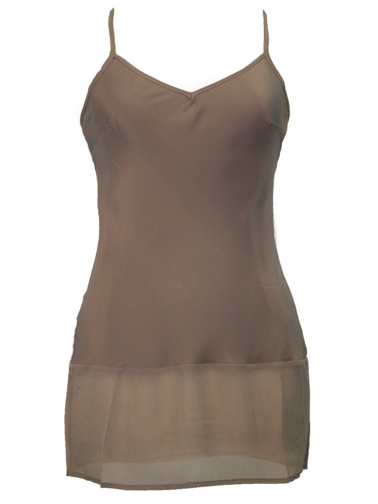 The Sheer Edge Silk Tunic in mocha.